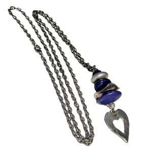 80s Purple Stacked Beads Silver Tone Heart Long Chain Link Statement Necklace